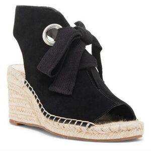 Sole Society- Womens Black Suede Wedge Espadrille Straw/Rattan Heels Peep Toe 7